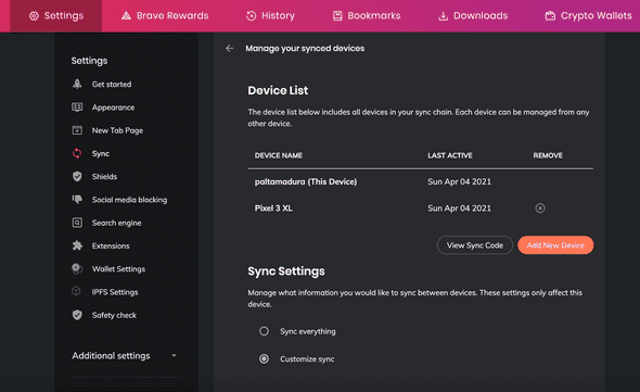 Brave Desktop > Settings > Sync > Manage your synced devices