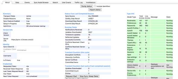 Brave Sync Internals diagnostics page